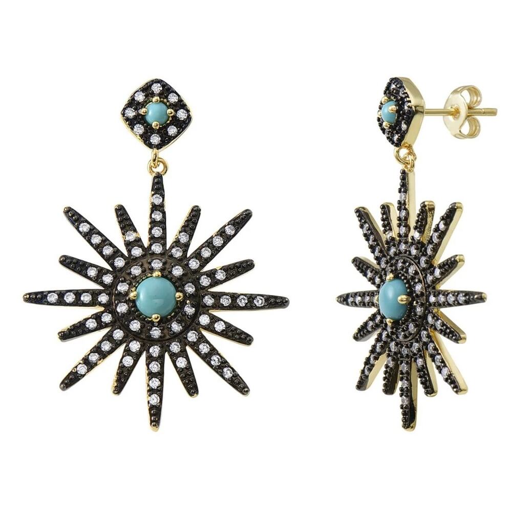 14K Gold Turquoise Crystal Black Star Dangle Drop Earrings ~ NEW